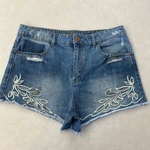 Rue21 Blue Jean Shorts with Embroidery and Distressed Hem